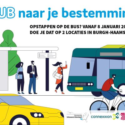 Infographic met tekst "Hub naar je bestemming. Opstappen op de bus? vanaf 8 januari 2023 doe je dat op 2 locaties in Burgh-Haamstede" en beelden van verschillende vervoersmiddelen die bij een mobiliteitshub horen.